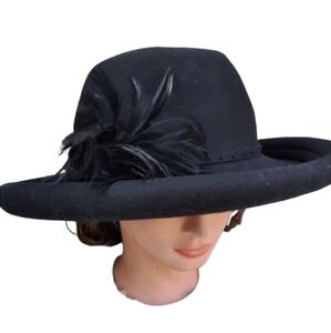 Vintage black wool  rolled rim‎ embellished hat